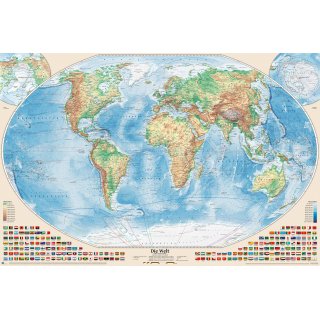 Weltkarte physisch mit Flaggen
