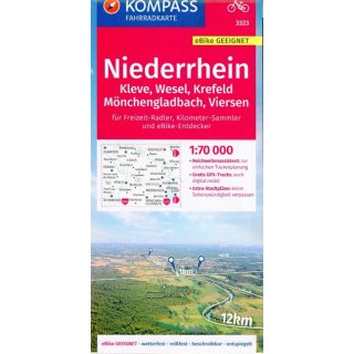 KOMPASS Fahrradkarte Niederrhein, Kleve, Wesel, Krefeld, Mönchengladbach, Viersen 1:70.000, FK 3323