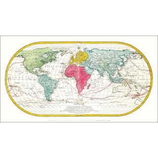 Weltkarte 1782  mit Entdeckungsfahrten von James Cook &ndash; Matthäus Lotter